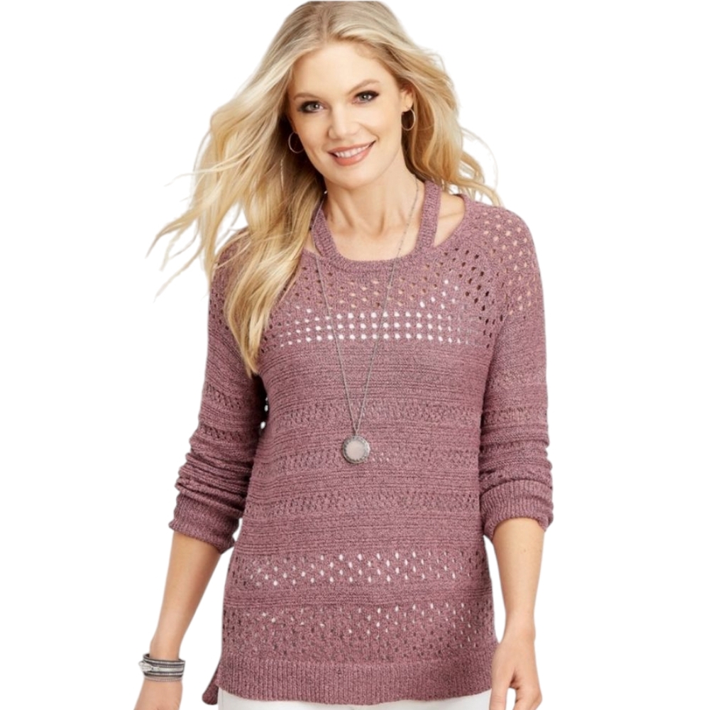 Maurices Marled Mauve Binder Slub Open Knit Crochet‎ Cut Out Yoke Sweater Size L